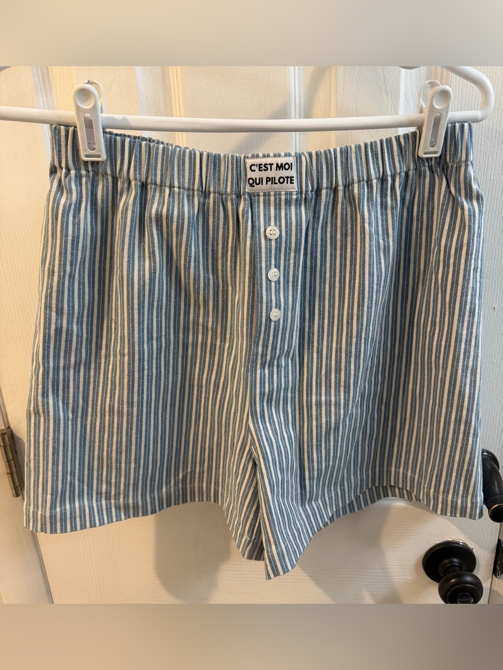 Striped Blue & White Cotton Shorts - "C'EST MOI QUI PILOTE"